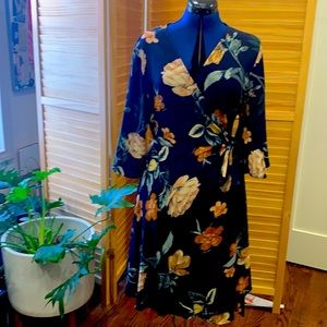Lilah Rose wrap tie dress blue w/ peachy floral 14